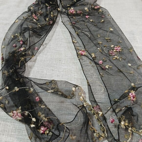 Black Tulle Pink Rose All Over Embroidery Scarf - Picture 1 of 7